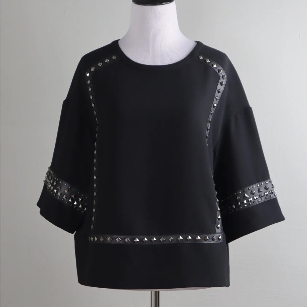 BcbgMaxAzria Vegan Leather Trim Studded Crepe Top